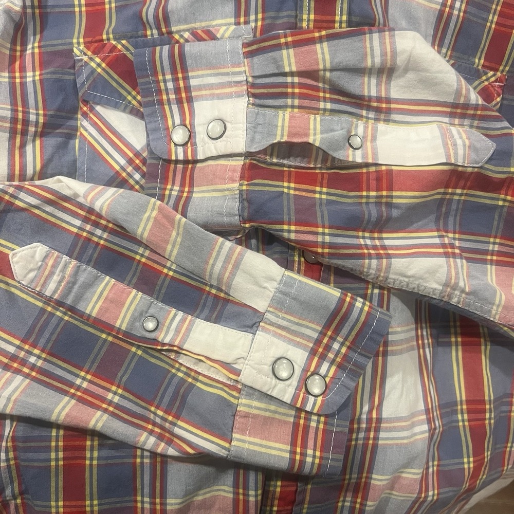 Pearl Snap Western Cowboy Old Navy Mens Shirt Large‎ Blue Plaid - Picture 4 of 5